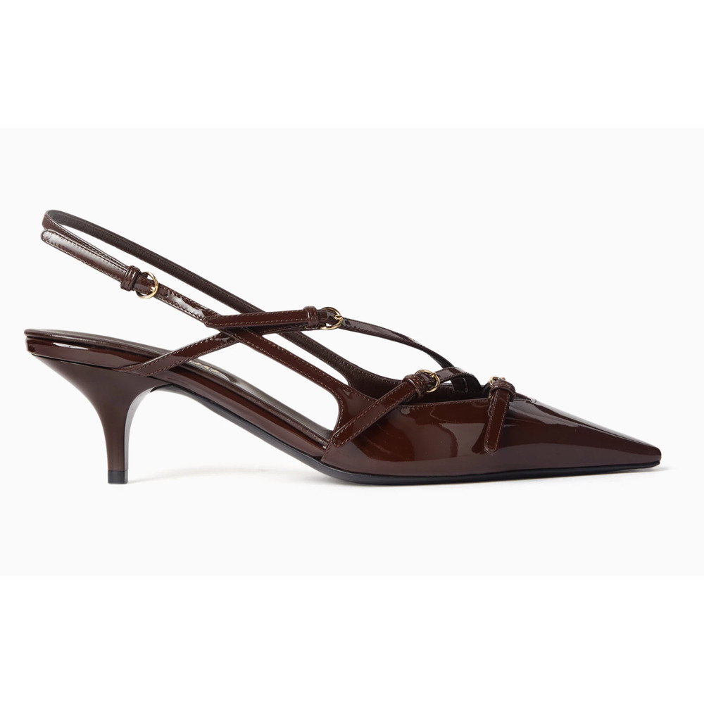 Miu Miu 55 Cacao Brown Patent Buckle Trio Pointed Slingback Kitten Heel Pump 38 - Picture 1 of 16